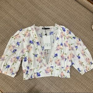 Zara Printed Embroidered top + mini skirt set